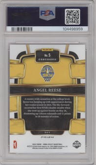 Angel Reese from the 2024 Panini Select WNBA set featuring a Pink Ice Prizm parallel graded by PSA and given an overall grade of 10.