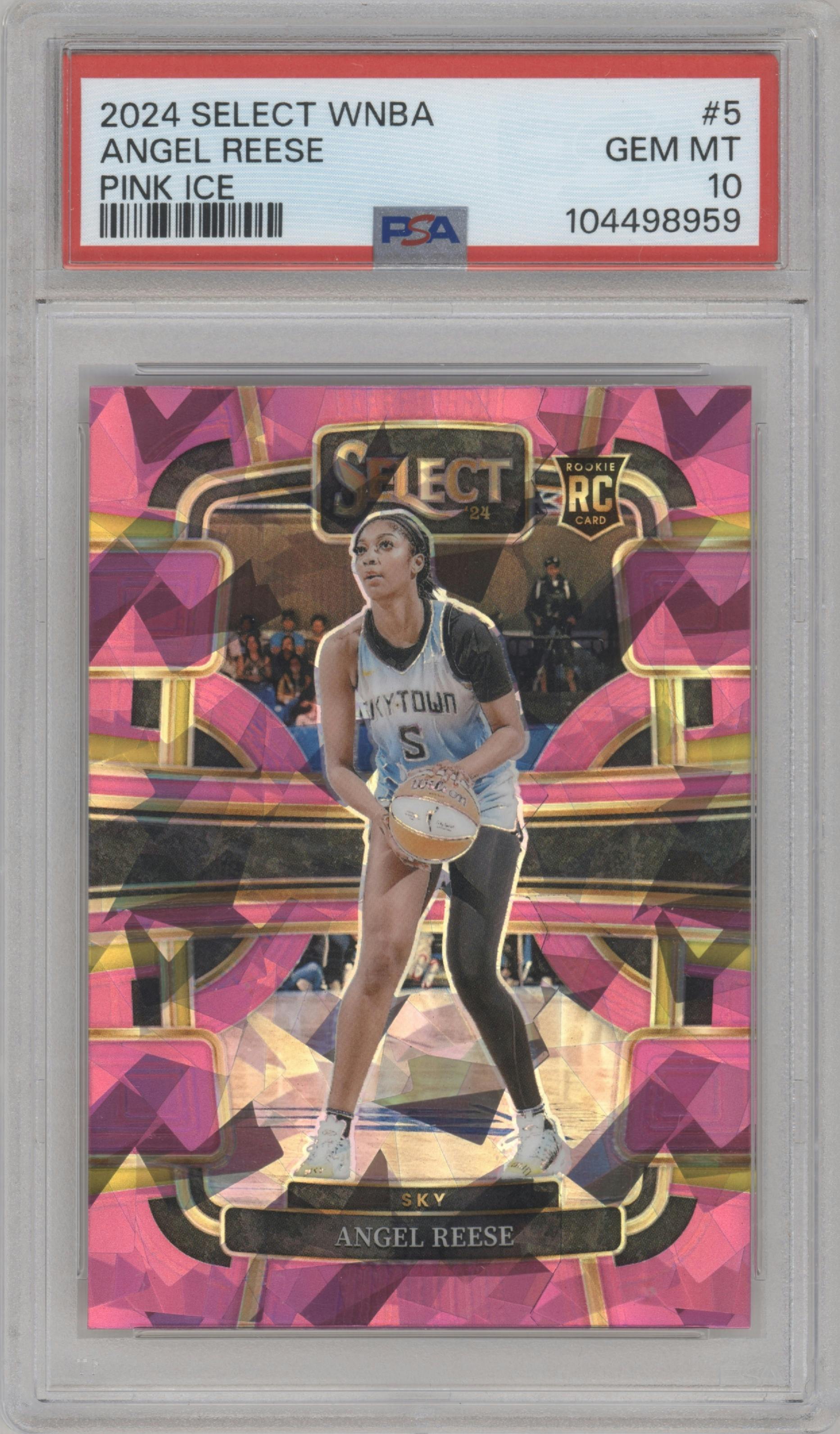 Angel Reese from the 2024 Panini Select WNBA set featuring a Pink Ice Prizm parallel graded by PSA and given an overall grade of 10.