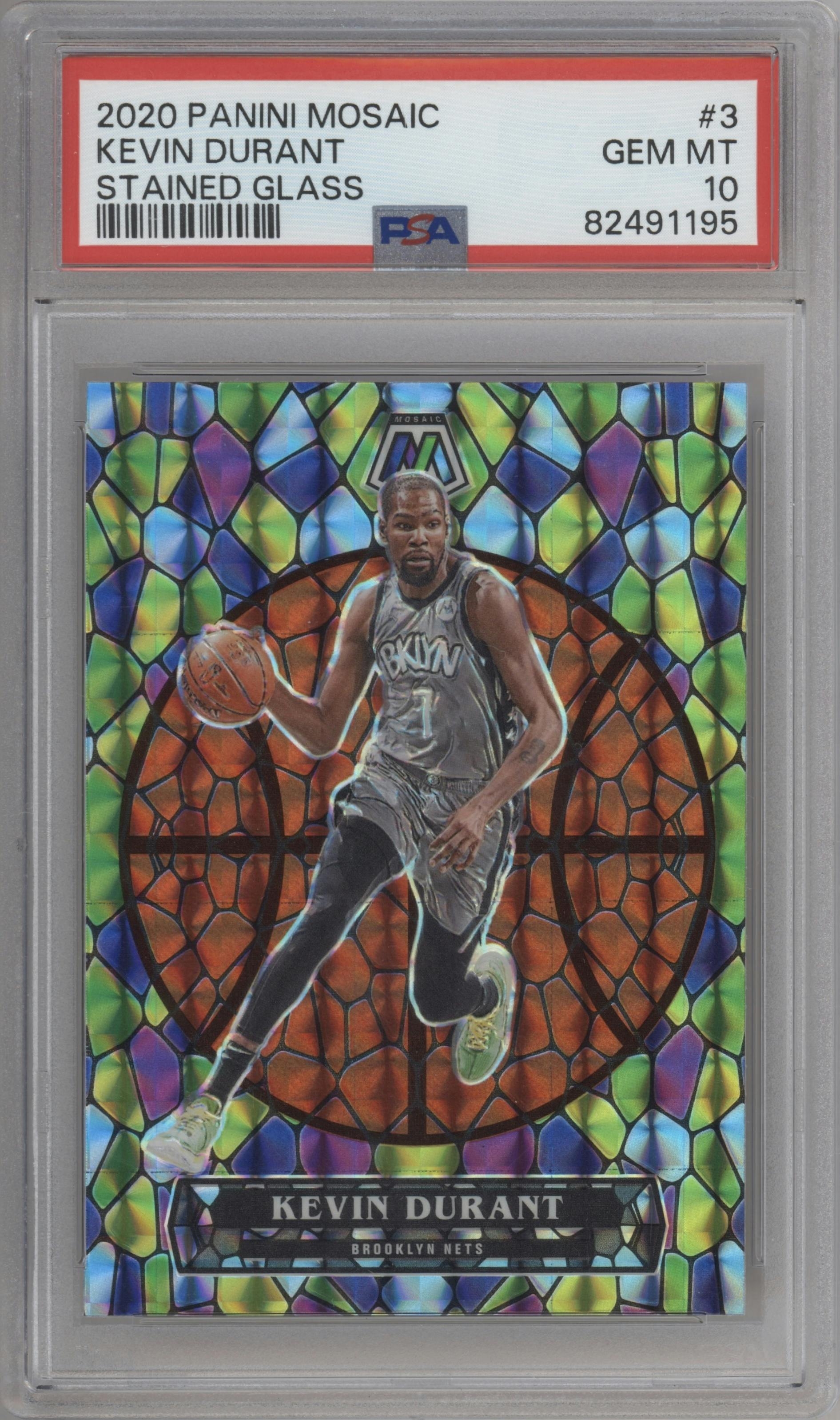 Kevin Durant from the 2020-21 Panini Mosaic set graded by PSA and given an overall grade of 10.