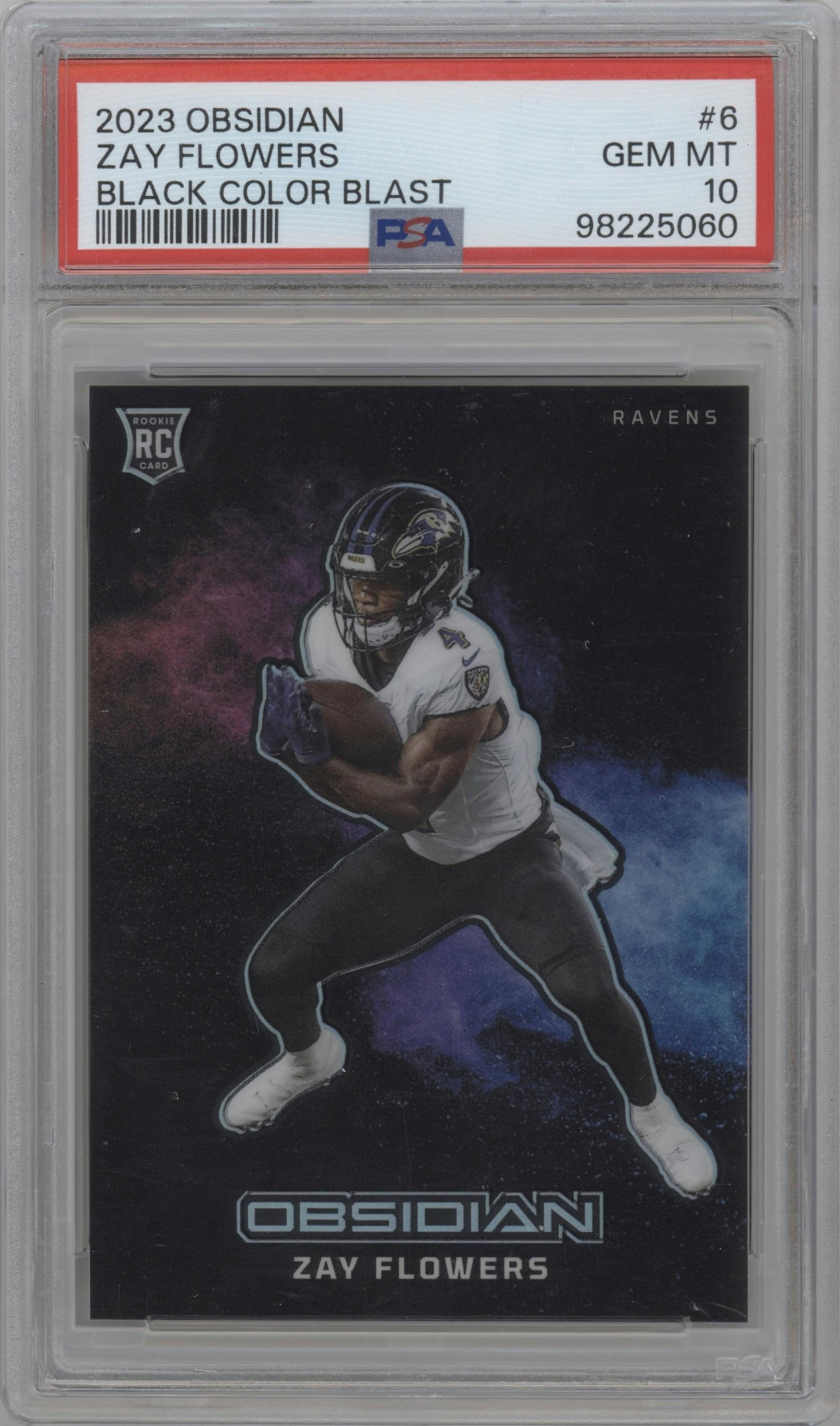 Zay Flowers from the 2023 Panini Obsidian set graded by PSA and given an overall grade of 10.
