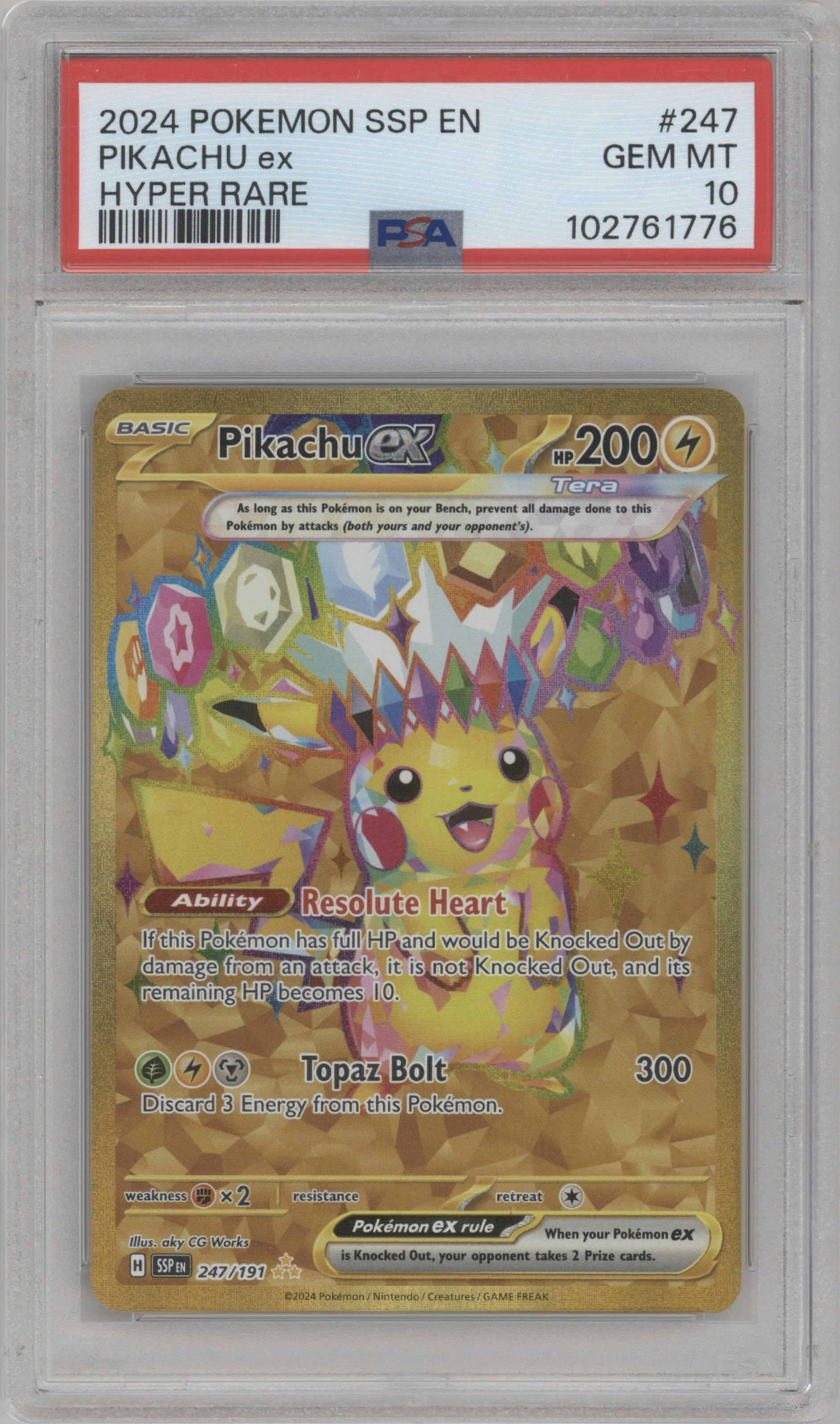 Pikachu ex from the 2024 Pokemon SV set graded by PSA and given an overall grade of 10.