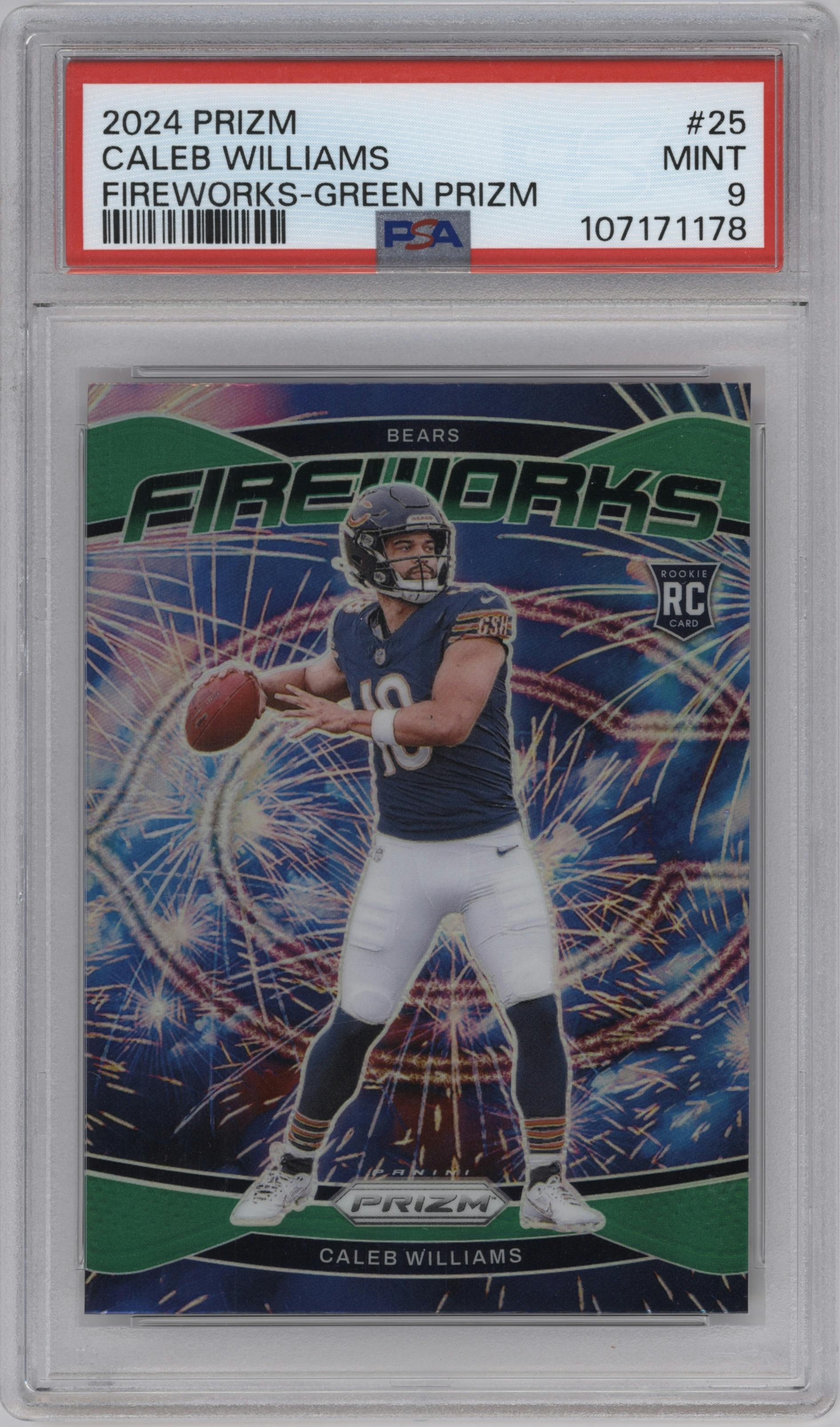 Caleb Williams from the 2024 Panini Prizm set featuring a Green Prizm parallel graded by PSA and given an overall grade of 9.