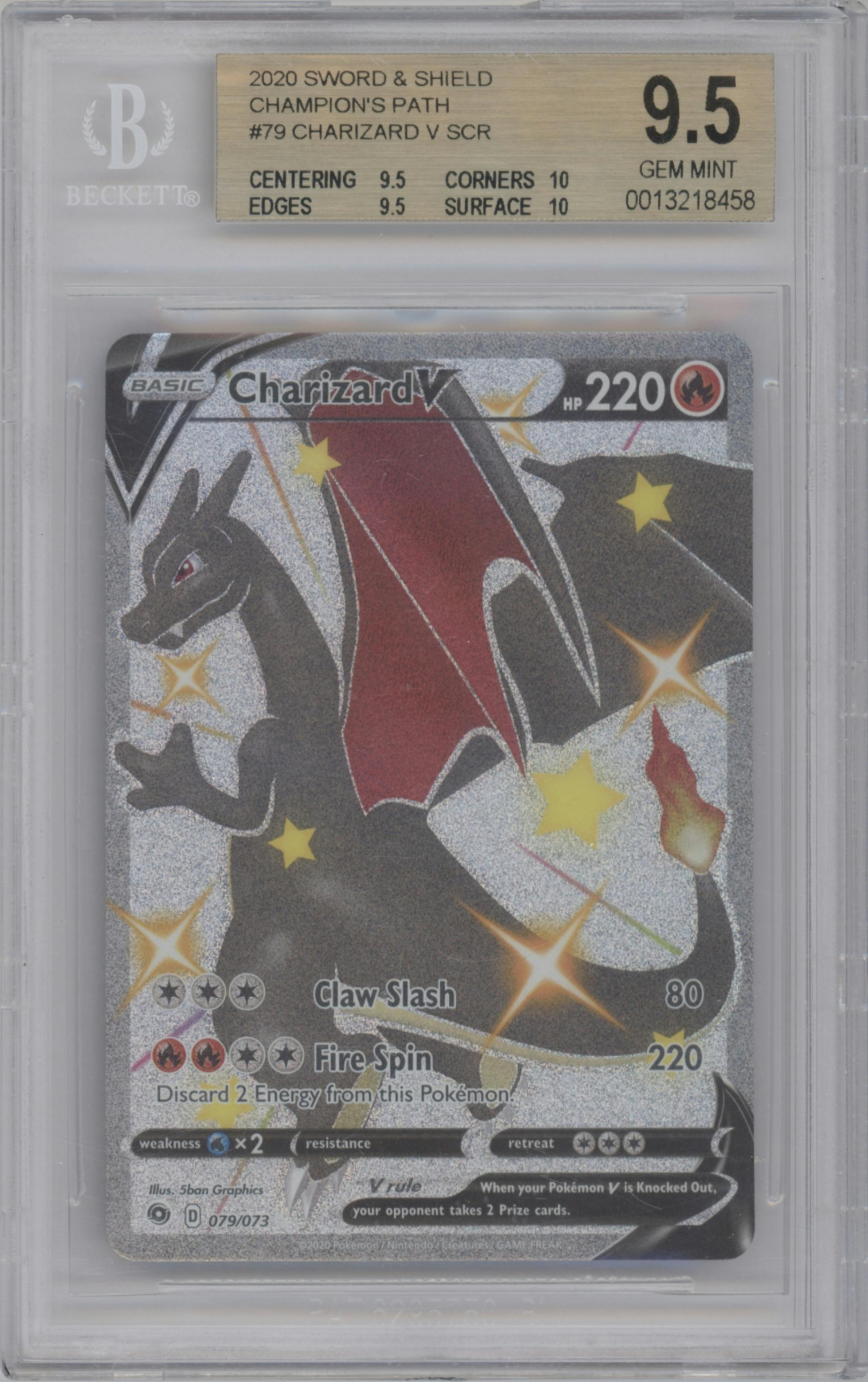 Charizard V from the 2020 Pokemon SWSH set graded by Beckett and given an overall grade of 9.5.