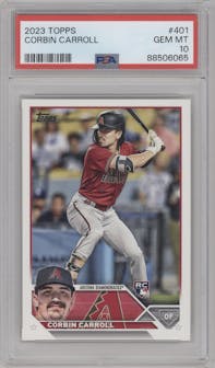 Corbin Carroll from the 2023 Topps Series 2 set graded by PSA and given an overall grade of 10.