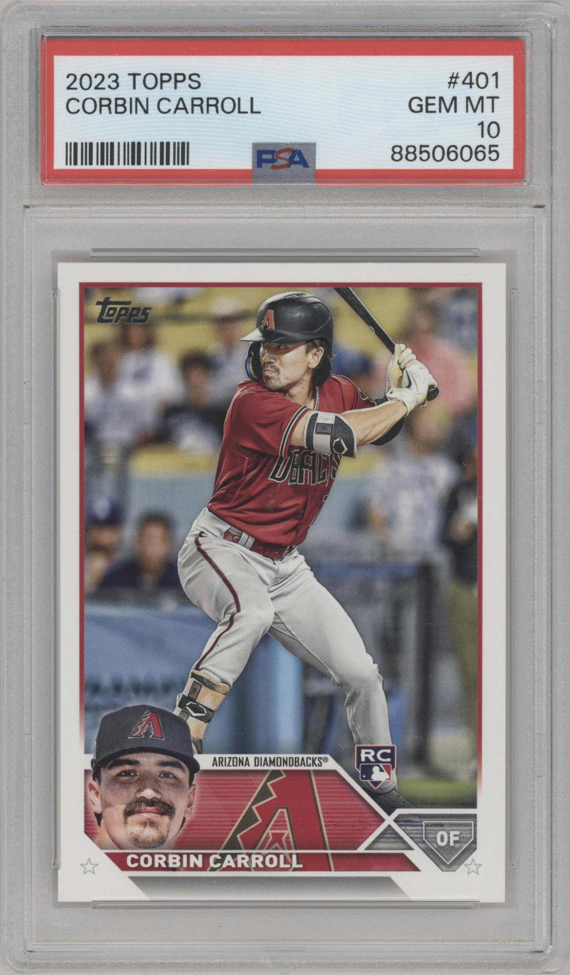Corbin Carroll from the 2023 Topps Series 2 set graded by PSA and given an overall grade of 10.