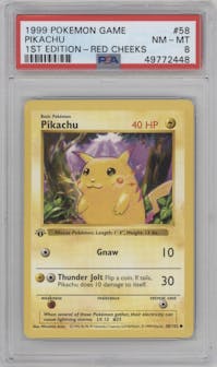 Pikachu from the 1999 Pokemon set featuring a Red Cheeks parallel graded by PSA and given an overall grade of 8.