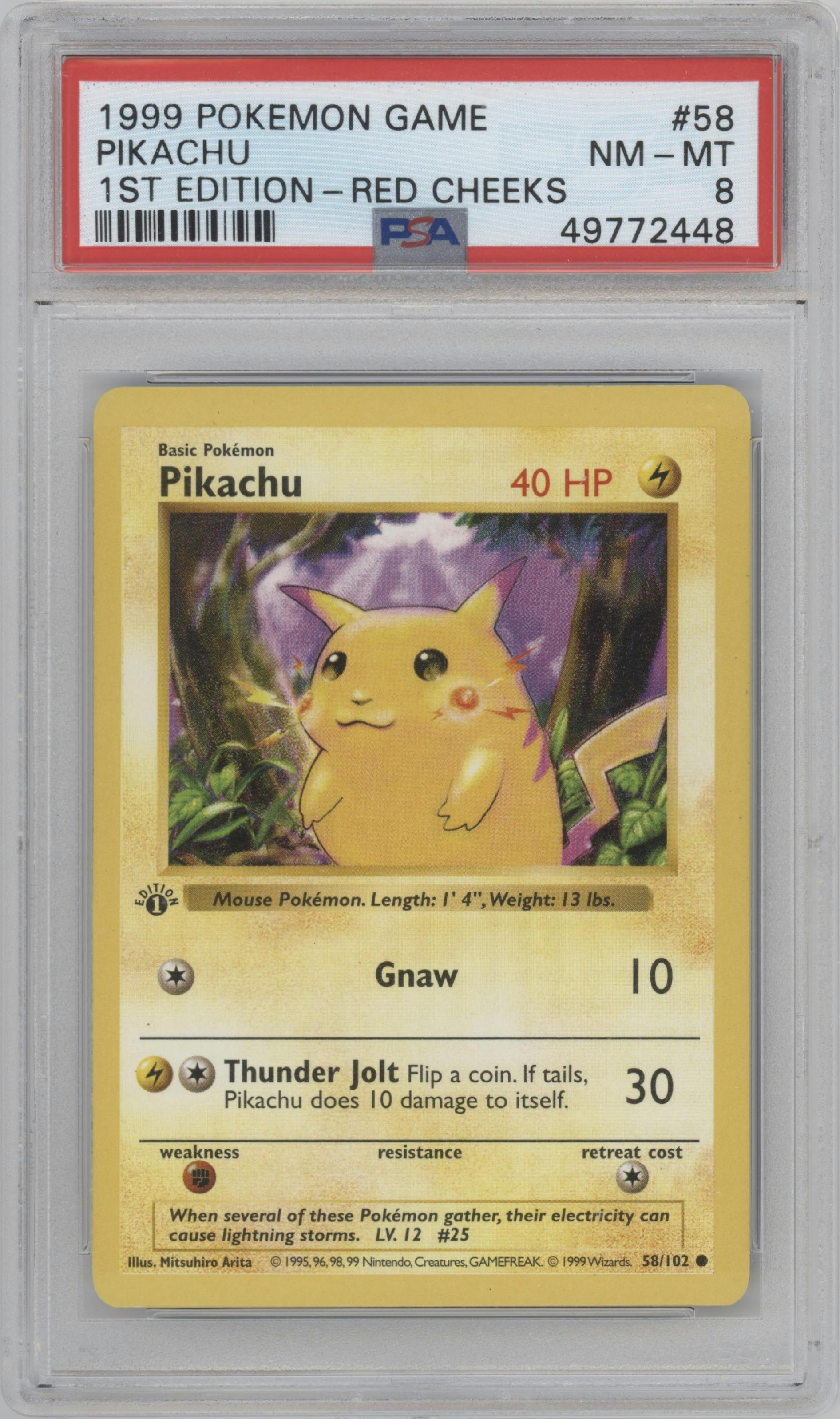 Pikachu from the 1999 Pokemon set featuring a Red Cheeks parallel graded by PSA and given an overall grade of 8.