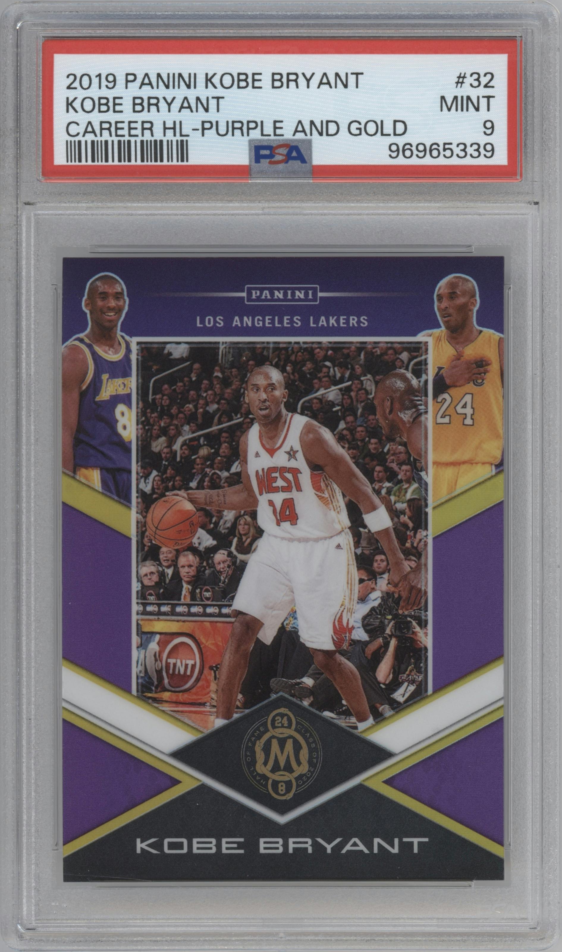 Kobe Bryant from the 2019-20 Panini Kobe Bryant Career Highlights set featuring a Purple & Gold parallel graded by PSA and given an overall grade of 9.