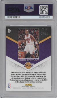 Kobe Bryant from the 2019-20 Panini Kobe Bryant Career Highlights set featuring a Purple & Gold parallel graded by PSA and given an overall grade of 9.