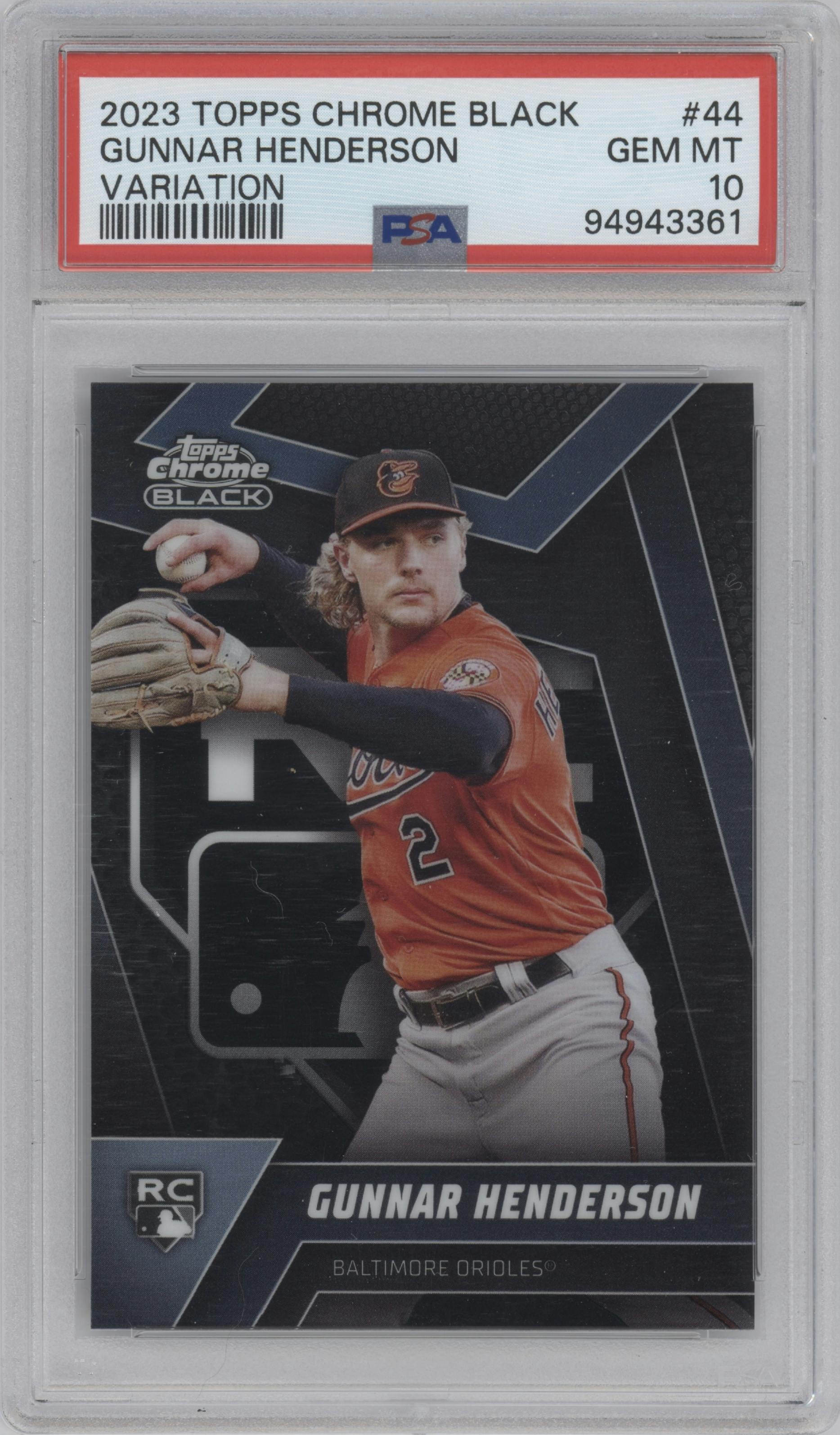 Gunnar Henderson from the 2023 Topps Chrome Black set graded by PSA and given an overall grade of 10.