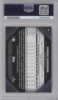 Gunnar Henderson from the 2023 Topps Chrome Black set graded by PSA and given an overall grade of 10.