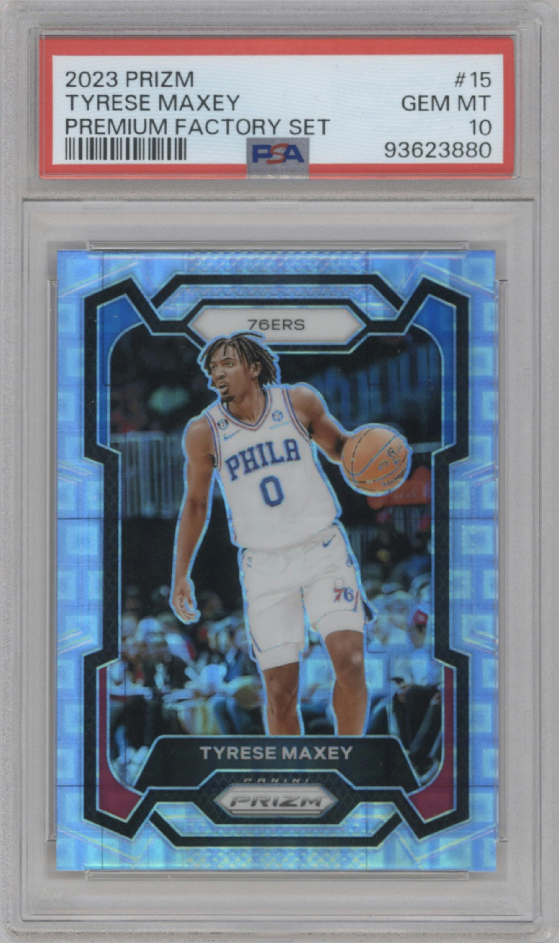 Tyrese Maxey from the 2023-24 Panini Prizm set featuring a Premium Factory Set parallel graded by PSA and given an overall grade of 10.