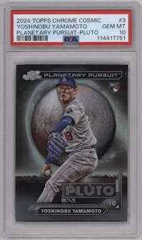 Yoshinobu Yamamoto from the 2024 Topps Cosmic Chrome set graded by PSA and given an overall grade of 10.