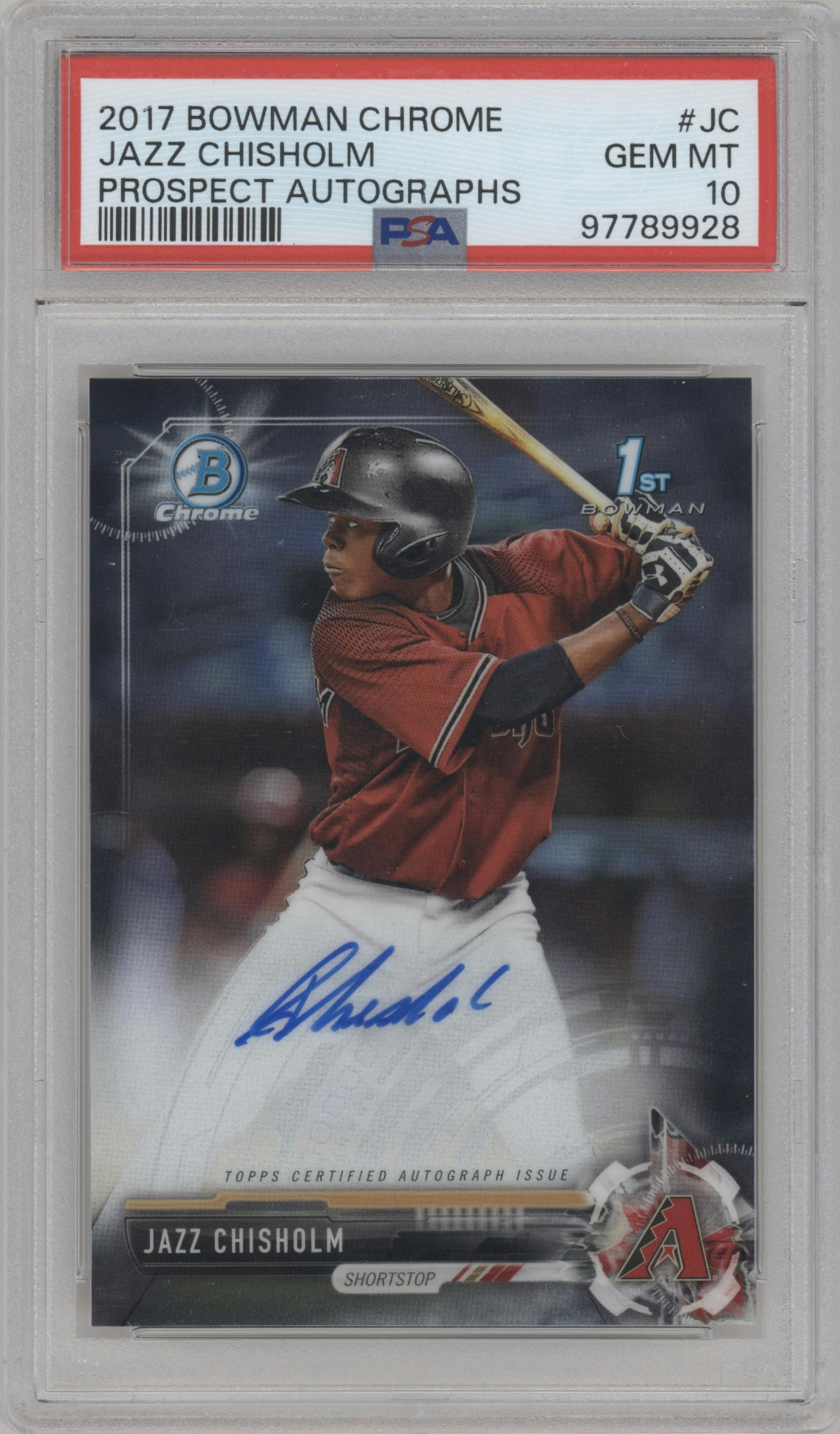 Jazz Chisholm from the 2017 Bowman Chrome set graded by PSA and given an overall grade of 10.