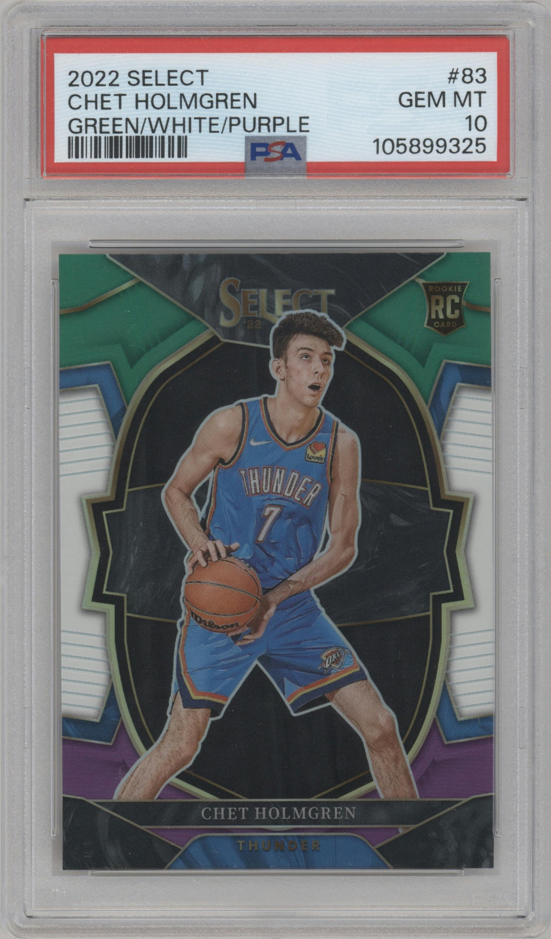 Chet Holmgren from the 2022-23 Panini Select set featuring a Green/White/Purple Prizm parallel graded by PSA and given an overall grade of 10.