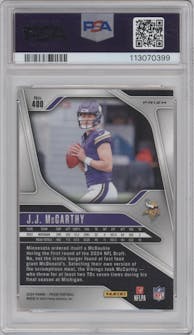 J.J. McCarthy from the 2024 Panini Prizm set featuring a Disco parallel graded by PSA and given an overall grade of 10.