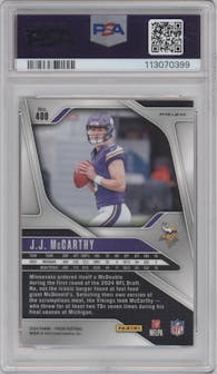 J.J. McCarthy from the 2024 Panini Prizm set featuring a Disco parallel graded by PSA and given an overall grade of 10.