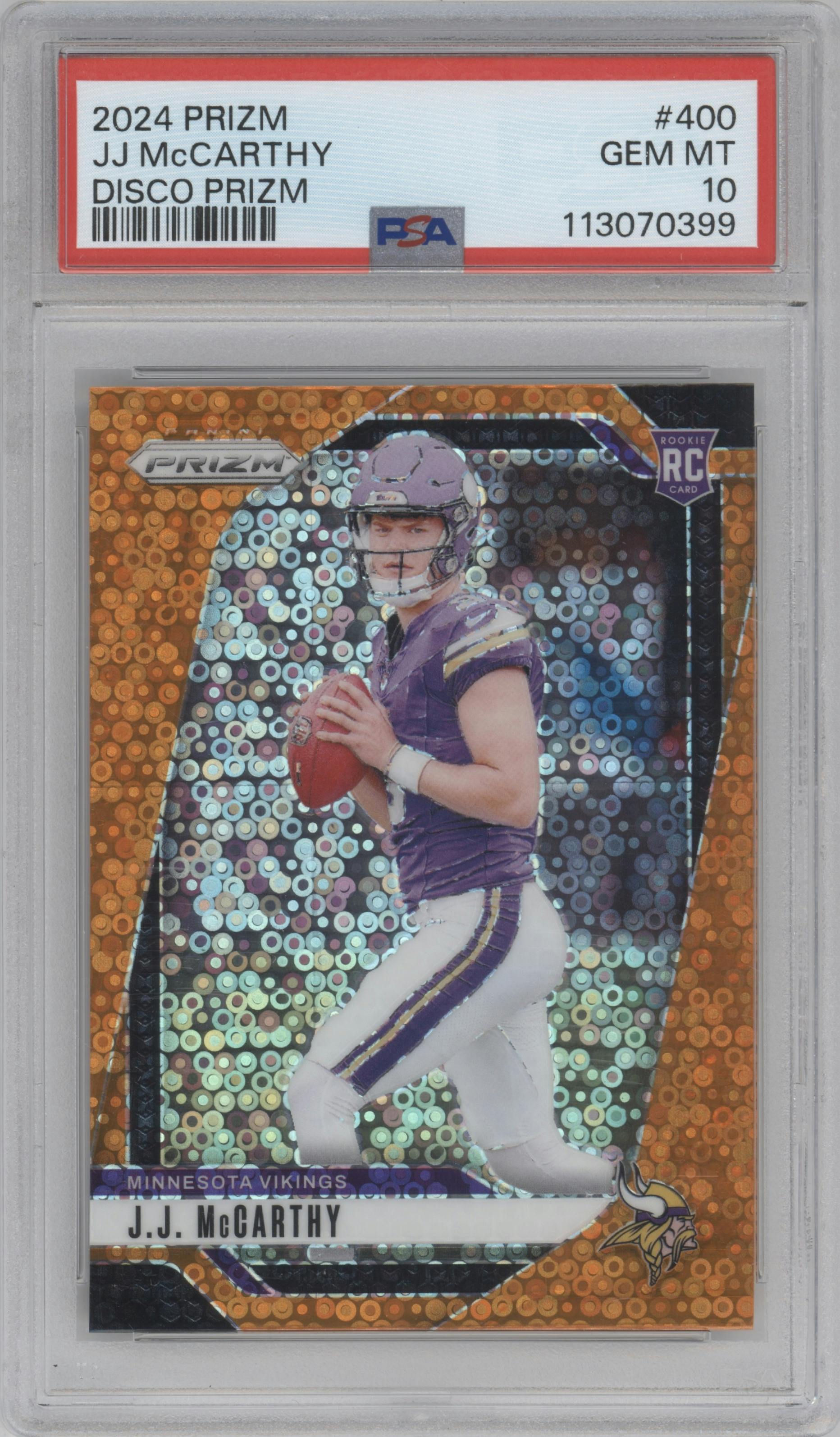 J.J. McCarthy from the 2024 Panini Prizm set featuring a Disco parallel graded by PSA and given an overall grade of 10.