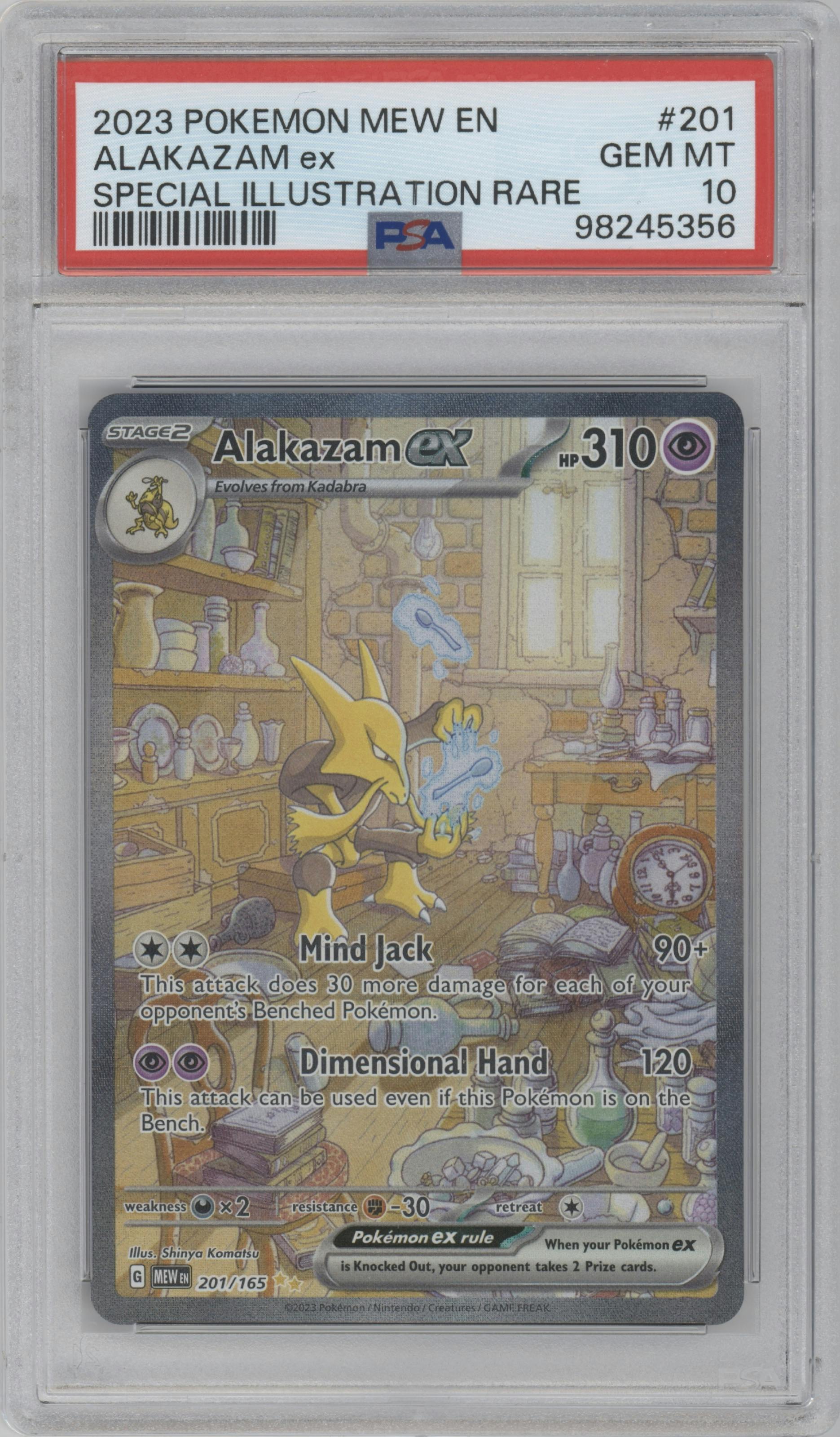 Alakazam EX from the 2023 Pokemon SV set graded by PSA and given an overall grade of 10.