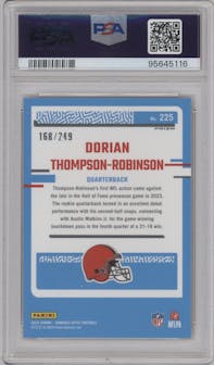 Dorian Thompson-Robinson from the 2023 Donruss Optic set featuring a Orange parallel graded by PSA and given an overall grade of 9.