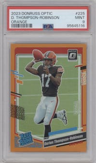 Dorian Thompson-Robinson from the 2023 Donruss Optic set featuring a Orange parallel graded by PSA and given an overall grade of 9.