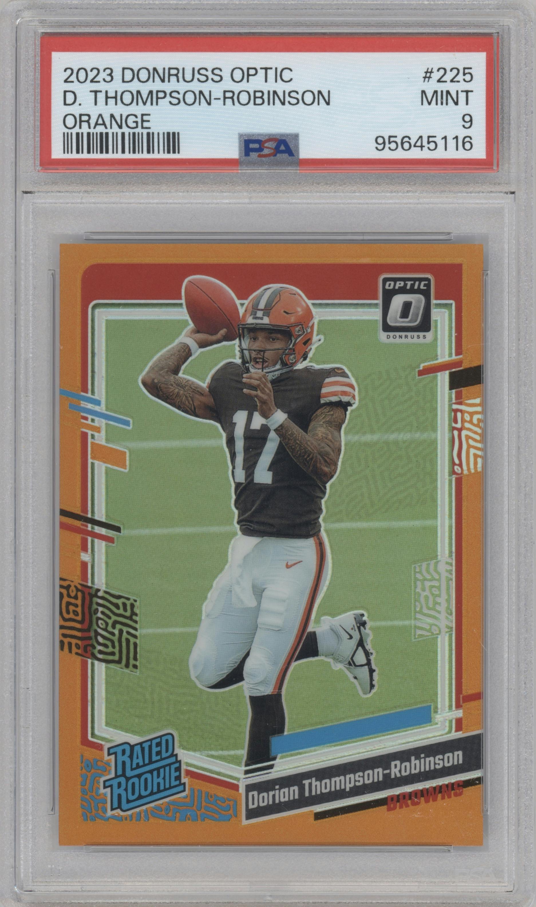 Dorian Thompson-Robinson from the 2023 Donruss Optic set featuring a Orange parallel graded by PSA and given an overall grade of 9.
