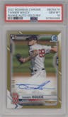 Tanner Houck from the 2021 Bowman Chrome set featuring a Gold Refractor parallel graded by PSA and given an overall grade of 10.