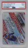 Evan Carter from the 2024 Topps Pristine set featuring a Red parallel graded by PSA and given an overall grade of 9.