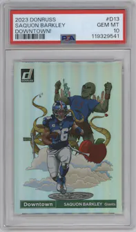 Saquon Barkley from the 2023 Panini Donruss set graded by PSA and given an overall grade of 10.