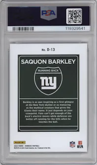 Saquon Barkley from the 2023 Panini Donruss set graded by PSA and given an overall grade of 10.