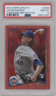 Jacob DeGrom from the 2014 Topps Update set featuring a Red Hot Foil parallel graded by PSA and given an overall grade of 10.