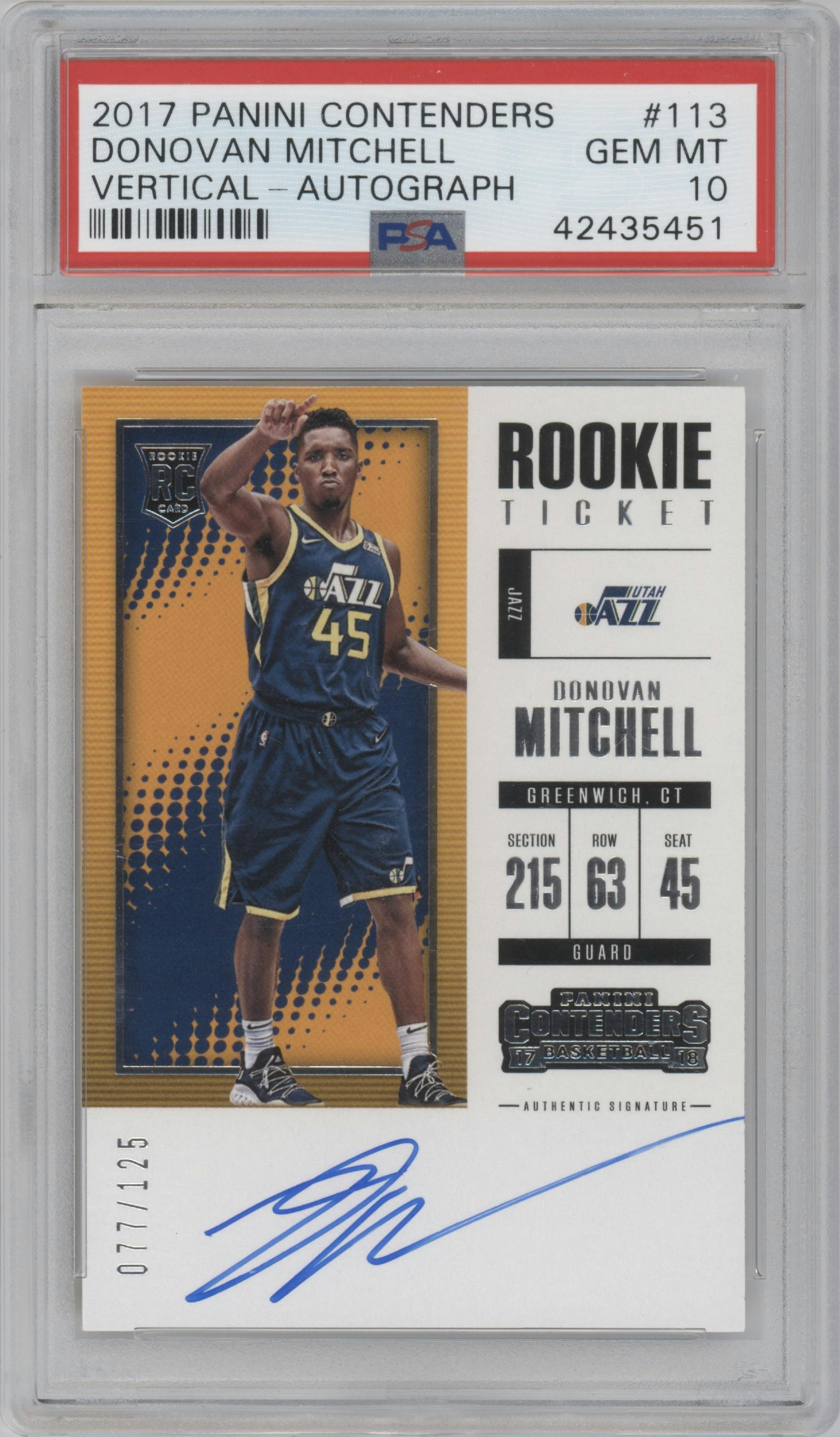 Donovan Mitchell from the 2017-18 Panini Contenders set graded by PSA and given an overall grade of 10.