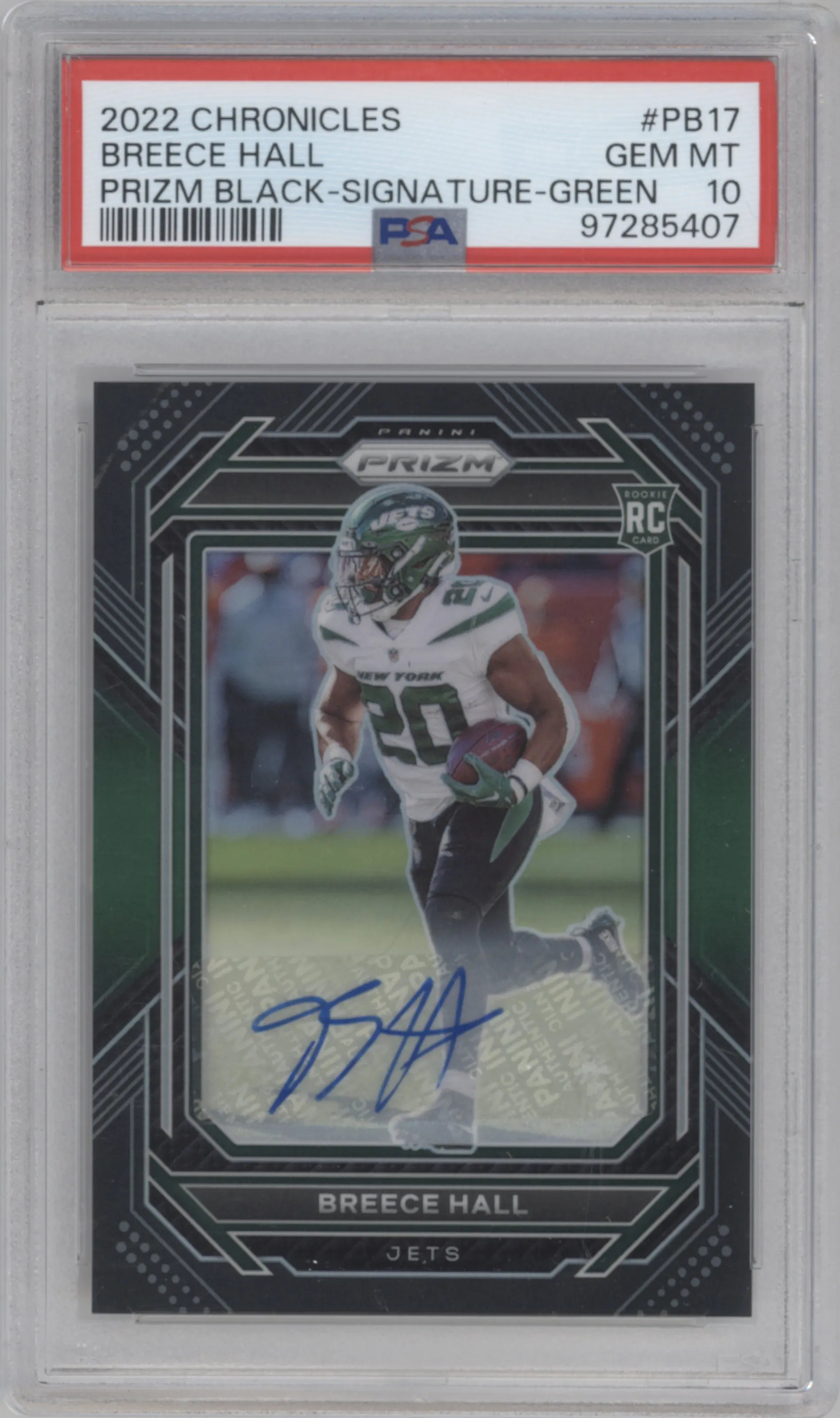 2022 Panini Chronicles Prizm Black Sig. Breece Hall Green PSA 10