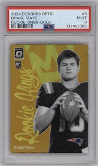 Drake Maye from the 2024 Donruss Optic set featuring a Gold parallel graded by PSA and given an overall grade of 9.