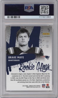 Drake Maye from the 2024 Donruss Optic set featuring a Gold parallel graded by PSA and given an overall grade of 9.