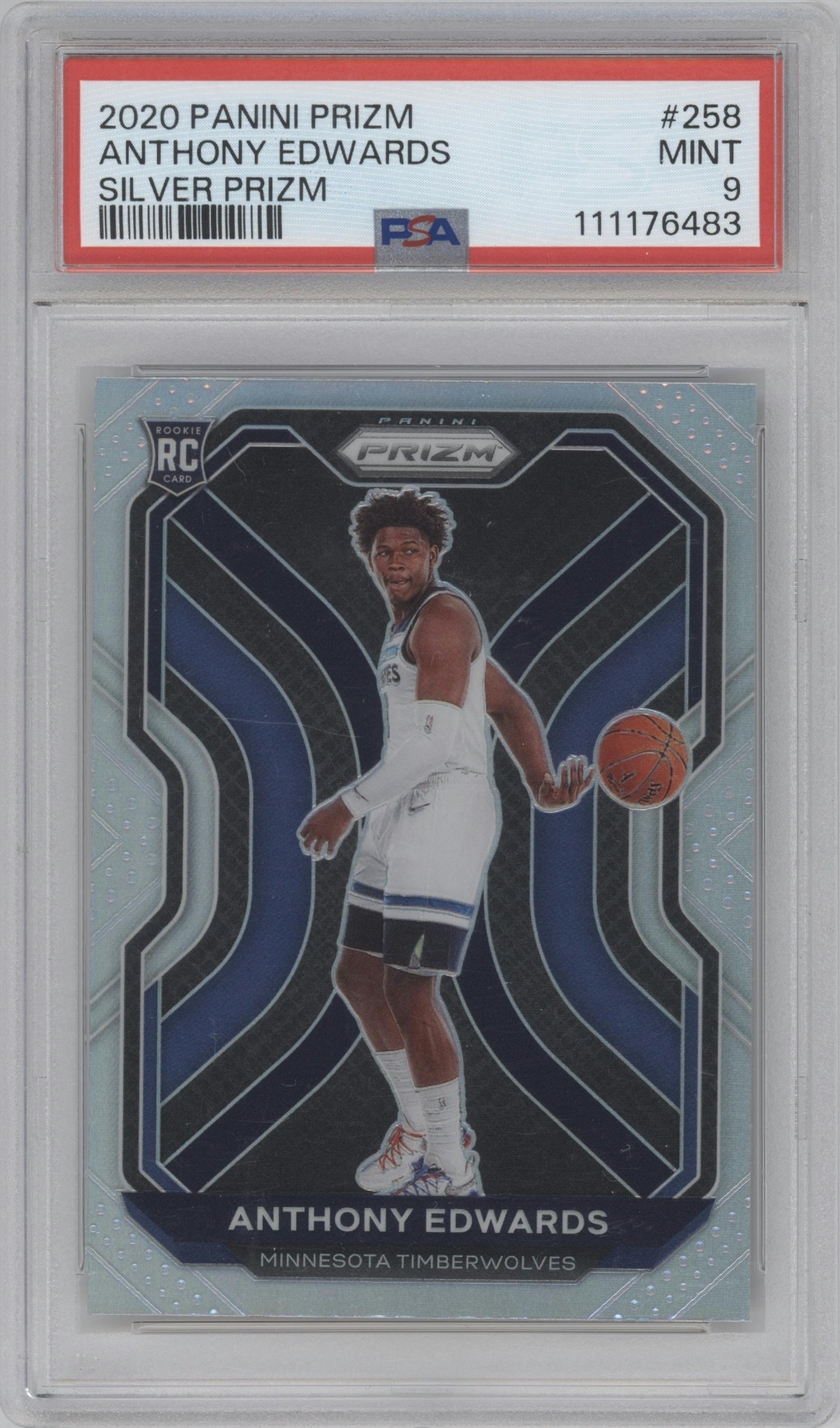 Anthony Edwards from the 2020-21 Panini Prizm set featuring a Silver Prizm parallel graded by PSA and given an overall grade of 9.