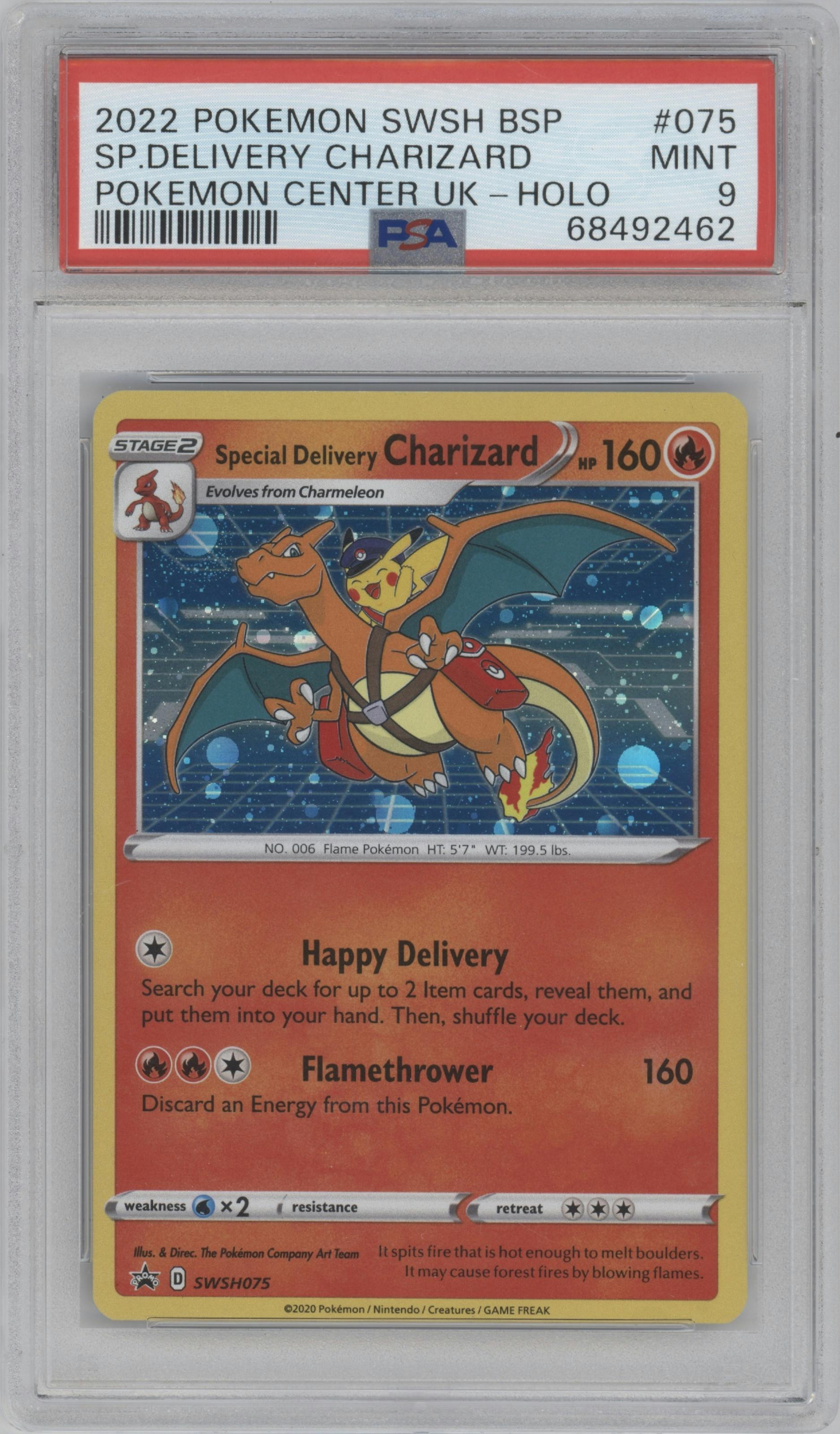 Special Delivery Charizard  from the 2022 Pokemon SWSH set featuring a Pokemon Center UK parallel graded by PSA and given an overall grade of 9.