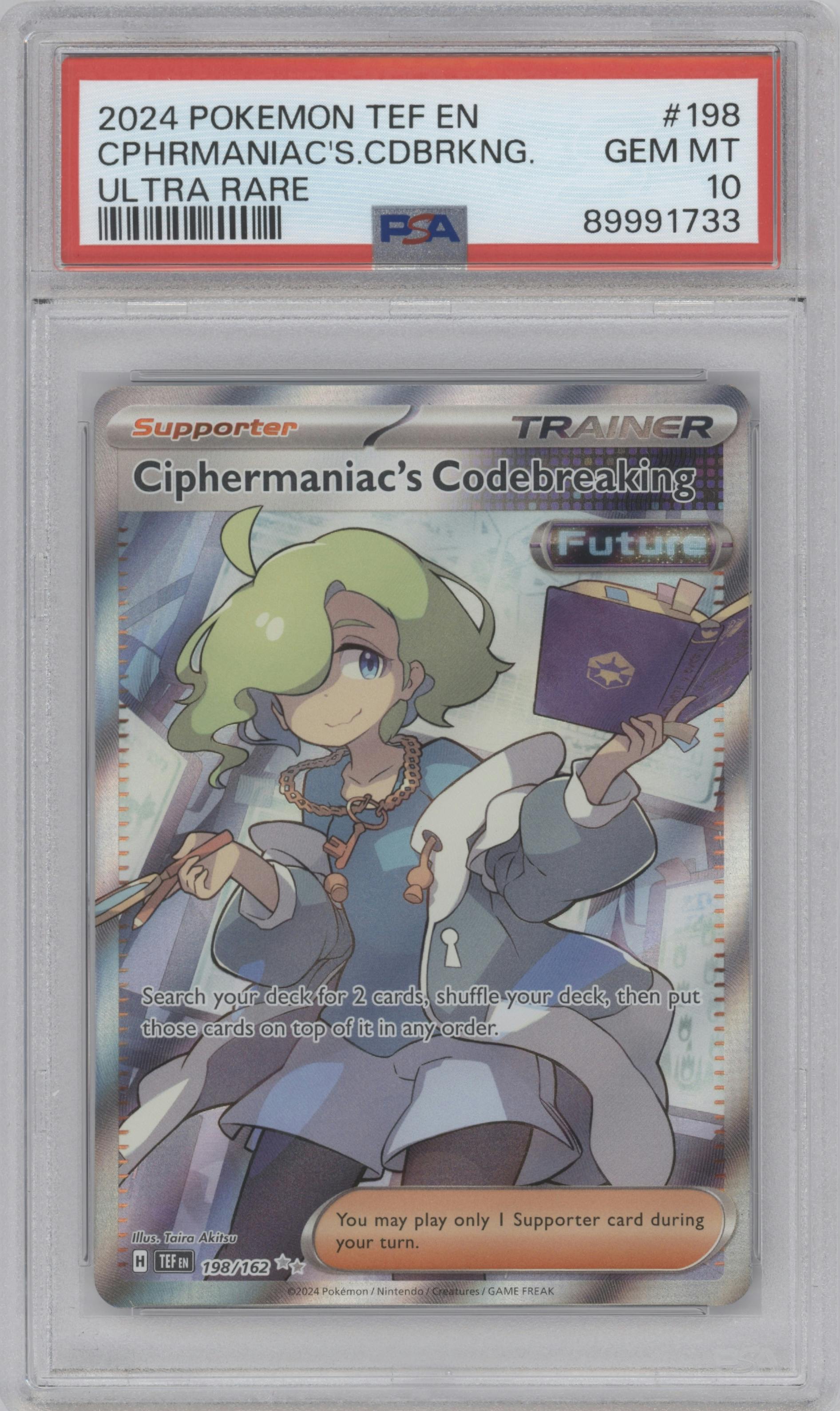 Ciphermaniac's Codebreaking from the 2024 Pokemon SV set graded by PSA and given an overall grade of 10.