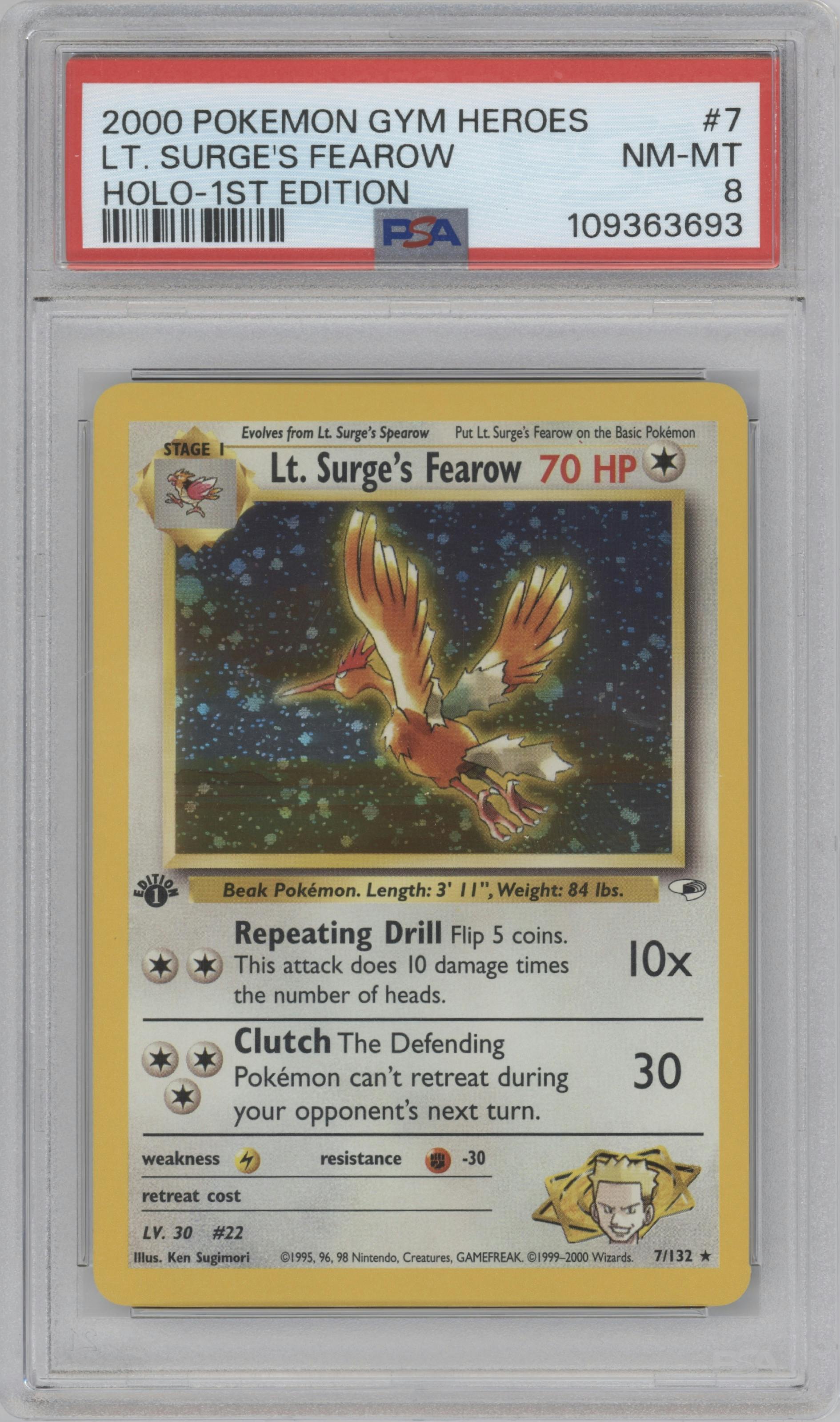 Lt. Surge's Fearow from the 2000 Pokemon GH set graded by PSA and given an overall grade of 8.