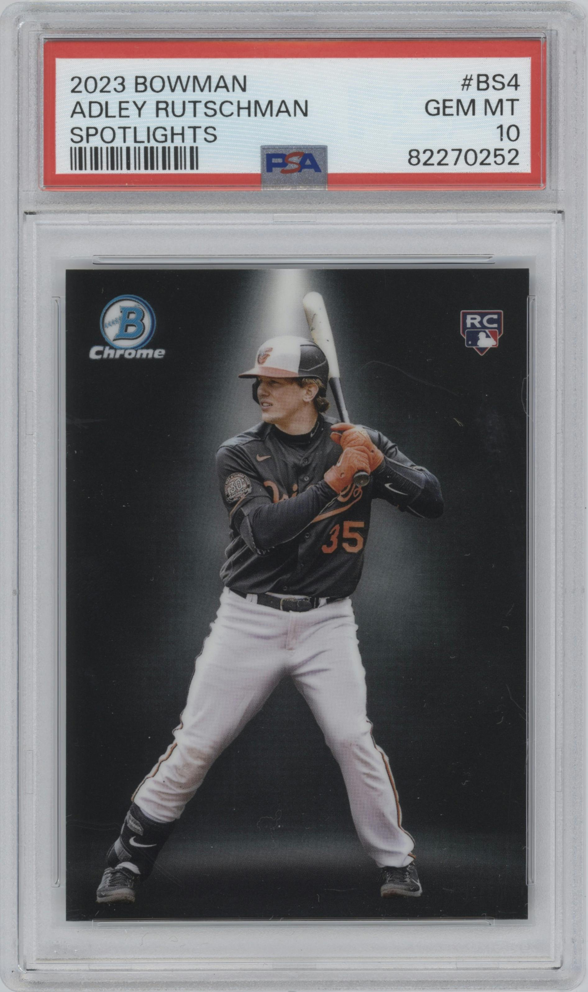 Adley Rutschman from the 2023 Bowman  set graded by PSA and given an overall grade of 10.