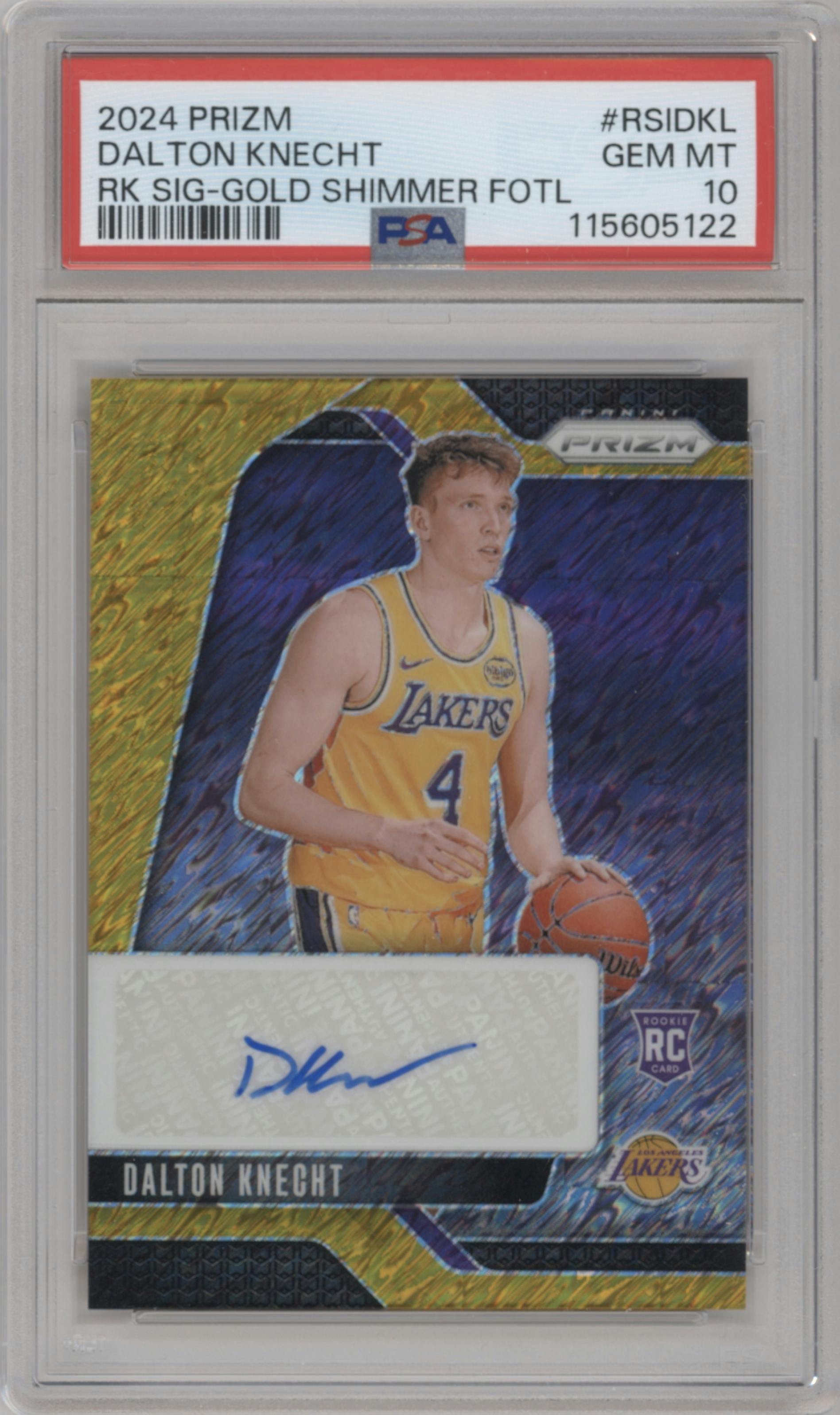 Dalton Knecht from the 2024-25 Panini Prizm set featuring a Gold Shimmer Prizms FOTL parallel graded by PSA and given an overall grade of 10.
