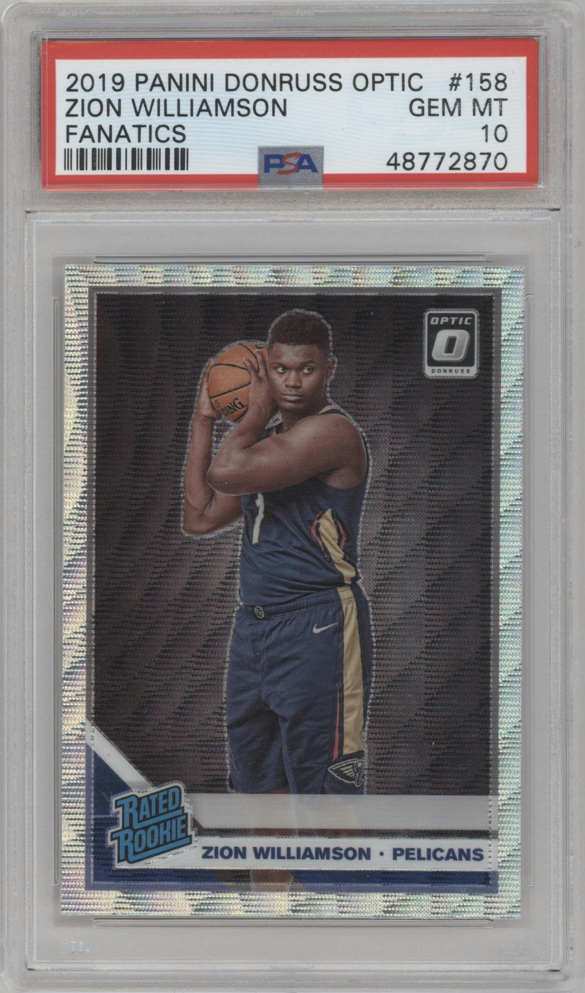Zion Williamson from the 2019-20 Panini Donruss Optic set featuring a Fanatics Box Set parallel graded by PSA and given an overall grade of 10.