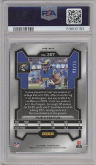 Puka Nacua from the 2023 Panini Prizm set featuring a Blue Shimmer parallel graded by PSA and given an overall grade of 10.