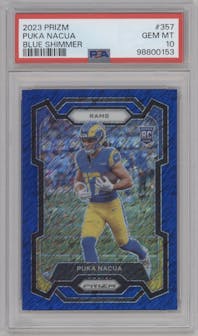 Puka Nacua from the 2023 Panini Prizm set featuring a Blue Shimmer parallel graded by PSA and given an overall grade of 10.