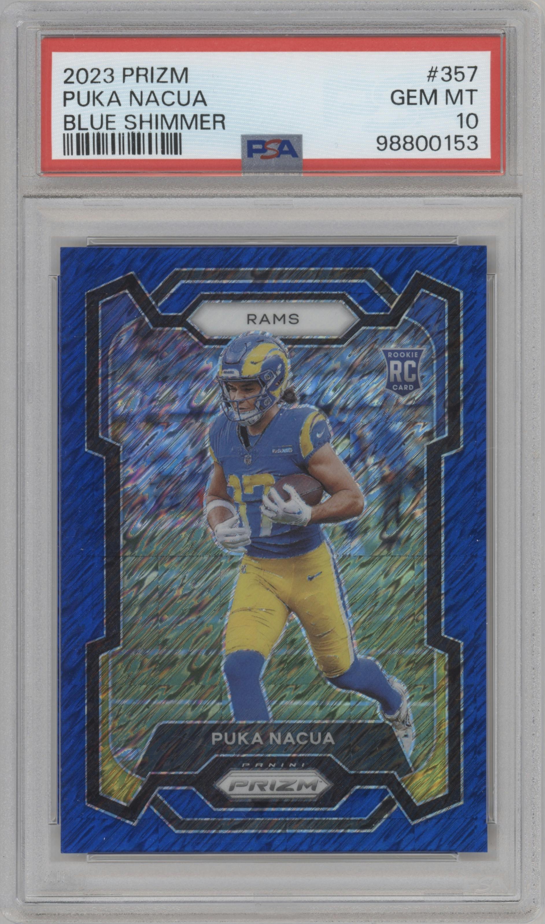 Puka Nacua from the 2023 Panini Prizm set featuring a Blue Shimmer parallel graded by PSA and given an overall grade of 10.