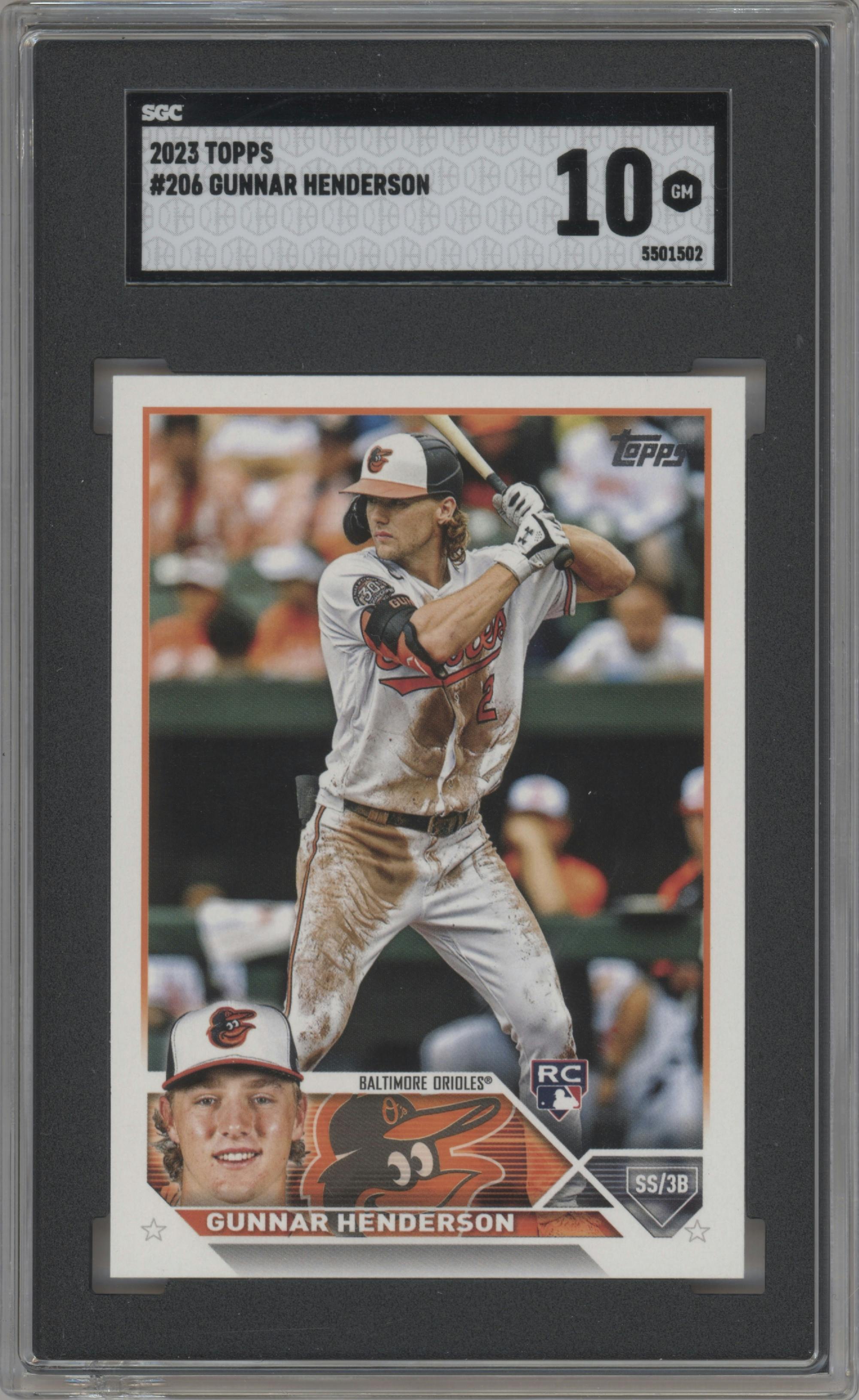 Gunnar Henderson from the 2023 Topps set graded by SGC and given an overall grade of 10.