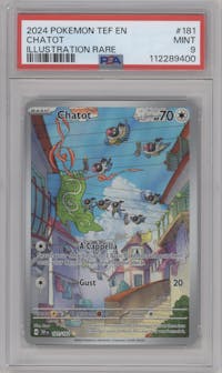 Chatot from the 2024 Pokemon SV set graded by PSA and given an overall grade of 9.