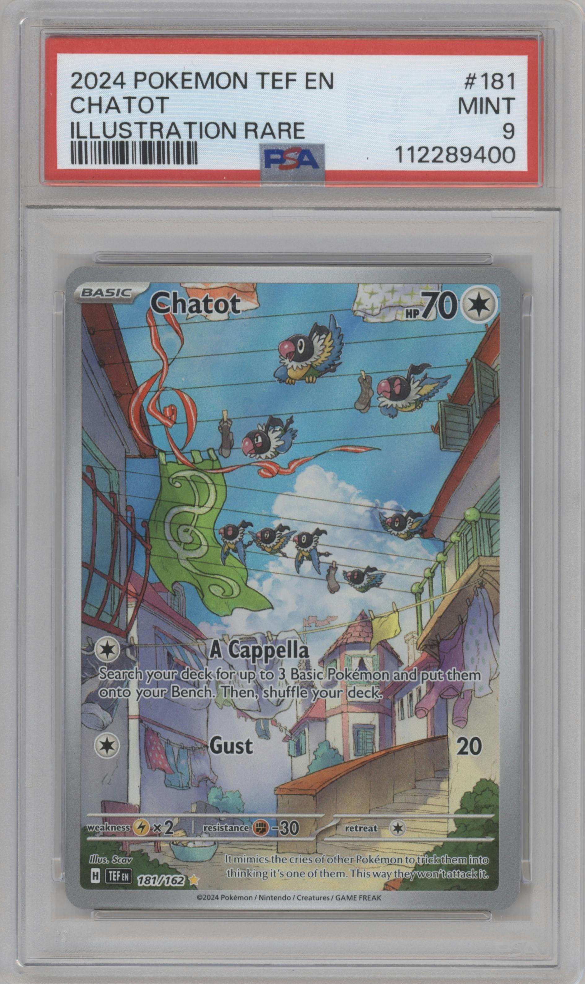Chatot from the 2024 Pokemon SV set graded by PSA and given an overall grade of 9.