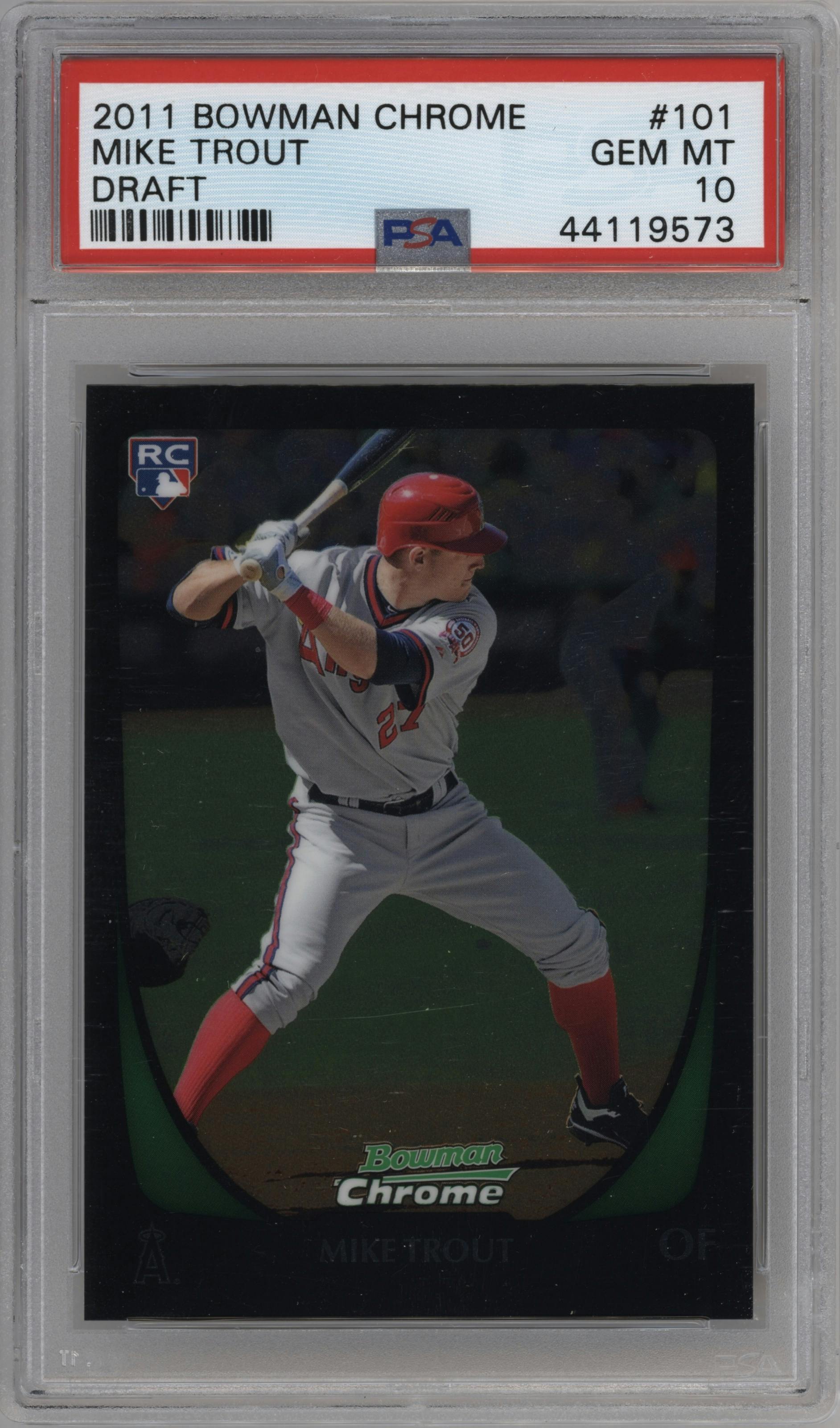 Mike Trout from the 2011 Bowman Chrome Draft set graded by PSA and given an overall grade of 10.
