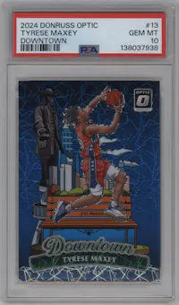 Tyrese Maxey	 from the 2024-25 Donruss Optic set graded by PSA and given an overall grade of 10.